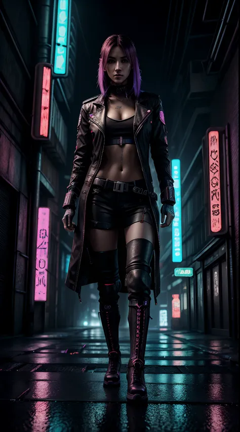 portrait,female,assassin,cyberpunk,dystopian,futuristic,sharp features,expressive eyes,red neon lighting,edgy hairstyle,mysterious aura,leather outfit,advanced technology,glowing cybernetic enhancements,powerful stance,smoke-filled background,grim expressi...