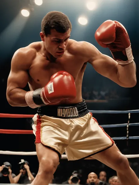 sport color photo of an exhilarating moment in a boxing match, capturing the essence of excitement and intensity. The image features two boxers in the ring. One of them, wearing red gloves, is delivering a powerful liver hook towards their opponent. The bo...