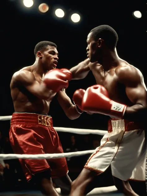 sport color photo of an exhilarating moment in a boxing match, capturing the essence of excitement and intensity. The image features two boxers in the ring. One of them, wearing red gloves, is delivering a powerful liver hook towards their opponent. The bo...