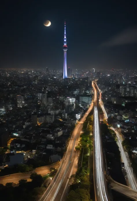 Giant crescent moon、high-level image quality、raw、Standing at Tokyo Skytree、20-year-old woman、nighttime scene、Milky Way Galaxy、Andromeda Nebula、Meteor swarm、(((Looking up at the Tokyo skyline)))、Flowing Lines of Light、Metropolitan Expressway Junction、(((Loo...