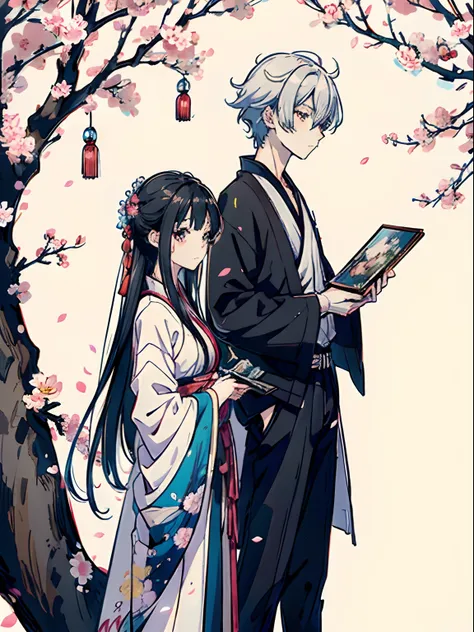 Anime couple on a tree with flowers and a mirror, painting by Kamisaki Secchi, pixiv, serial art, Sasura, zerochan art, art cover, anime cover, trending anime artwork, Trending anime art, anime style 4 k, Anime picture, zerochan, artwork in the style of gu...