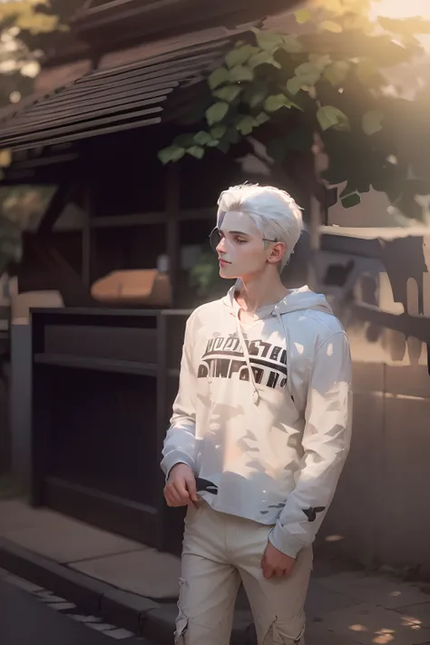 (absurdres, highres, ultra detailed, HDR), masterpiece, best quality, a boy, solo, handsome, short hair, white hair, finely eye and detailed face, casual clothes, real shadow, lift hand in peace sign, joyful, ear piecing,