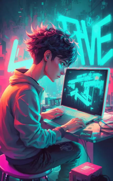 a man sitting on a stool using a laptop, inspirado em Liam Wong, inspirado em Cyril Rolando, Cyril Rolando e Goro Fujita, estilo de arte cyberpunk, baixo detalhamento. pintura digital, estilo de arte synthwave ]!!, estilo de arte synthwave, No estilo de Cy...