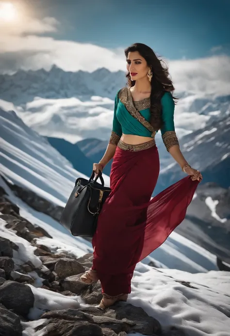 araffe turkish solo woman in teel Saree carrying a black purse, in Snow mountains glaciers wearing a blouse, young business woman, business woman, mehwish hayat