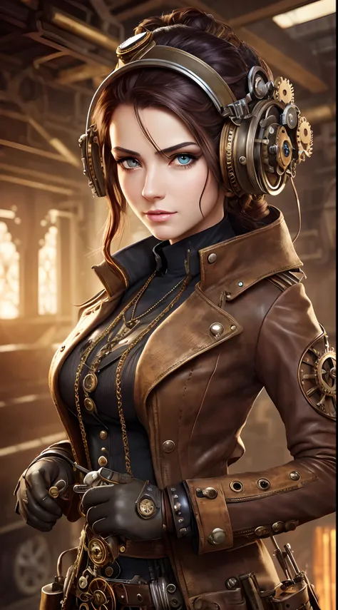 portrait,female,steampunk engineer,brilliantly detailed eyes,feminine attire,mechanical gears,industrial backdrop,goggles,helmet with gears,steampunk accessories,welding tools,creative hairstyle with steampunk elements,distinctive makeup,lens flare effect,...