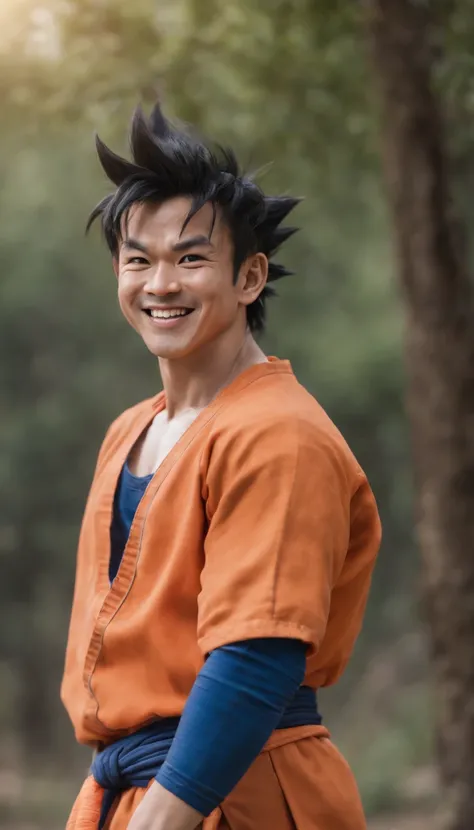 goku,masterpiece, (((realistic, 8k, best quality))),realistic, asian male, smile, gi, orange gi,  dark blue short-sleeved undershirt,grin