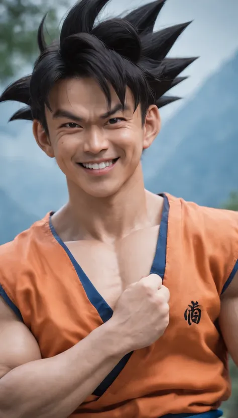 goku,masterpiece, (((realistic, 8k, best quality))),realistic, asian male, smile, gi, orange gi,  dark blue short-sleeved undershirt,grin