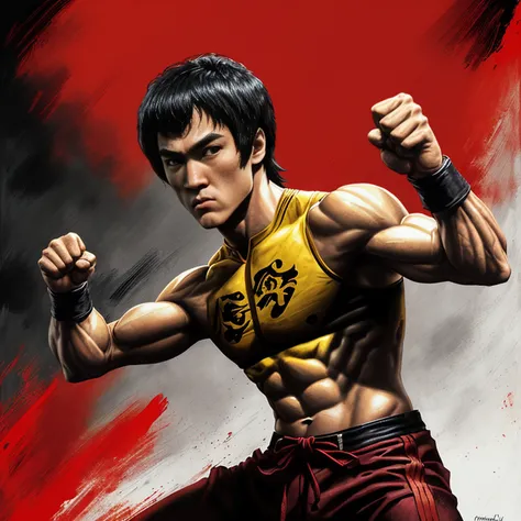 ator ((bruce lee)) como Liu Kang, Kombat mortal, headband red, black pants with red stripes, fogo no fundo, intrincado, High detail, foco nítido, Dramatic, arte de pintura fotorrealista por greg Rutkowski