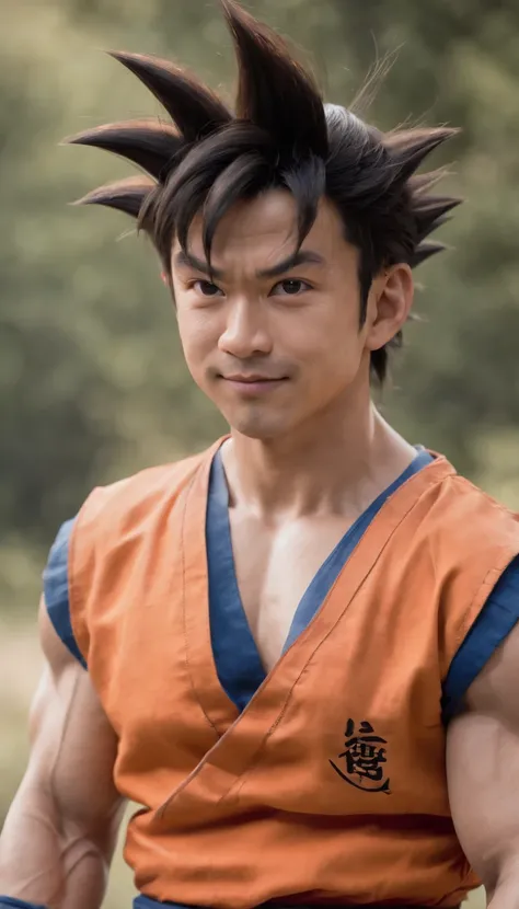 ((goku)),masterpiece, (((realistic, 8k, best quality))),realistic, asian male, smile, gi, orange gi,  dark blue short-sleeved undershirt,grin