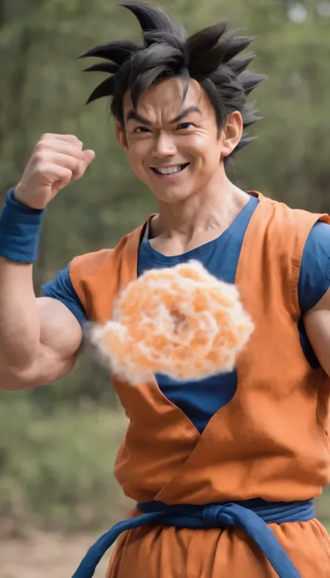 ((goku)),masterpiece, (((realistic, 8k, best quality))),realistic, asian male, smile, gi, orange gi,  dark blue short-sleeved undershirt,grin