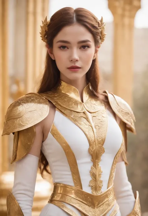 a woman in a gold costume is standing in a white dress, the sailor galaxia. beautiful, angelic golden armor, knights of zodiac girl, portrait knights of zodiac girl, anime goddess, saint seiya, celestial goddess, gold heavy armor. dramatic, golden armor, g...