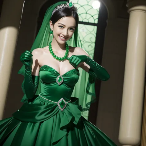 emerald tiara, Green Pearl Necklace, Boyish very short black hair, lipsticks, Japan woman smiling, very short short hair, big breasts beautiful, Green eyes, Long green gloves made of satin material, Green eyes