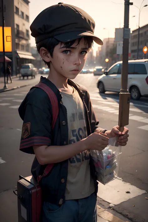 a poor boy, selling sweets at a traffic light, close to a traffic light, with old clothes, the boy is on his side, his face does not appear, with a slightly dirty appearance, hyperrealistic, 4k, cinematic