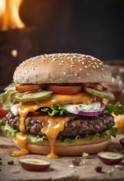 A burger falling in pieces juicy, tasty, hot, promotional photo, intricate details, hdr, cinematic, adobe lightroom, highly detailed