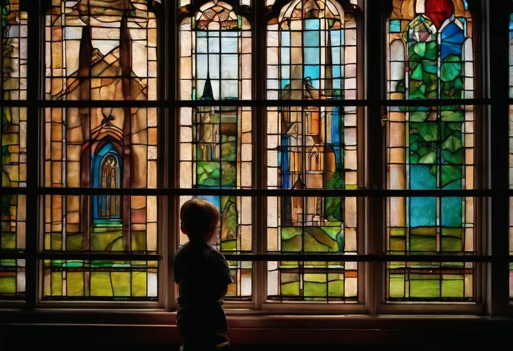 A child looking at a church through a window