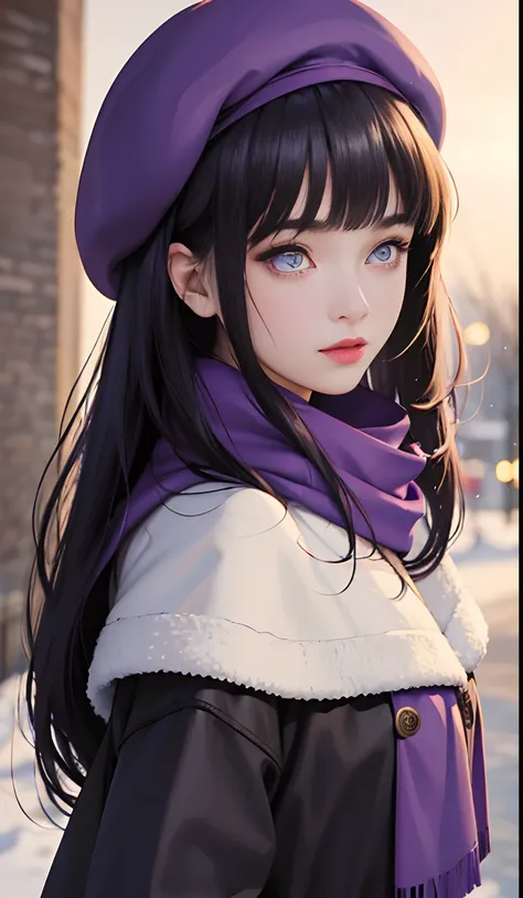 Best quality, Works of masters, A high resolution, 1girll, Super beautiful face, super beautiful eye, Super beautiful hair，Blunt Bangs, purple eyes, medium wavy dark blue hair，winter outfits，beret