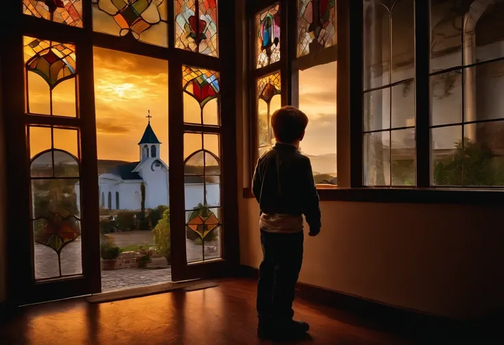 a child looking at a church through the window of his house