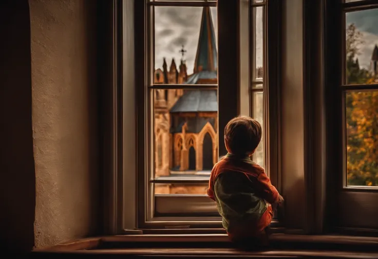 a child looking at a church through the window of his house