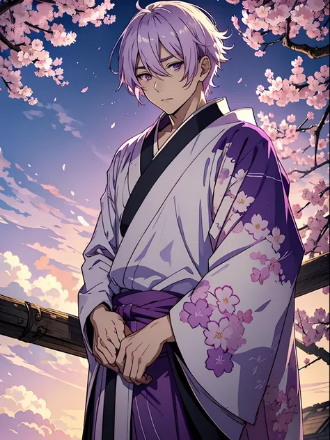 Anime guy Blonde in kimono, Purple sky, White cherry blossoms, higly detailed, Purple clouds, white colored hair, Purple sky, purple and pink color,