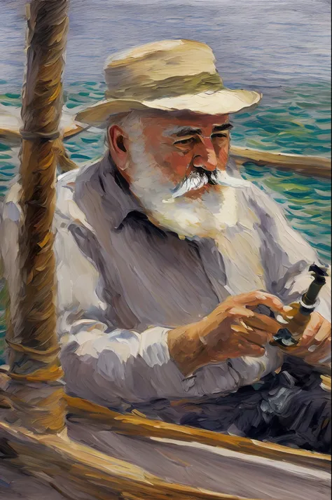 Hemingway smoked a pipe on a boat by the sea，Gesture painting，Oil painting in the style of Monets impressionism，Blurred outlines，Low color saturation，Complementary colors are obvious