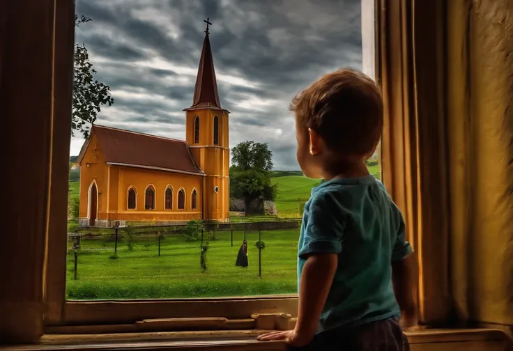 a child looking at a church through the window of his house, The house is a leftover. He sees the church and a train line, os trilhos