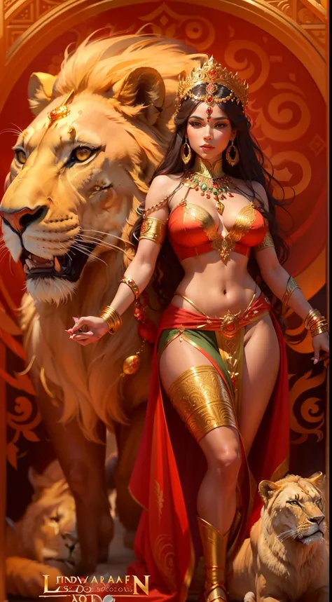 arafed woman in a red and gold outfit with a lion, indian goddess, gorgeous goddess of leo, indian goddess of wealth, beautiful goddess, goddess. extremely high detail, a stunning portrait of a goddess, extremely detailed goddess shot, a beautiful fantasy ...