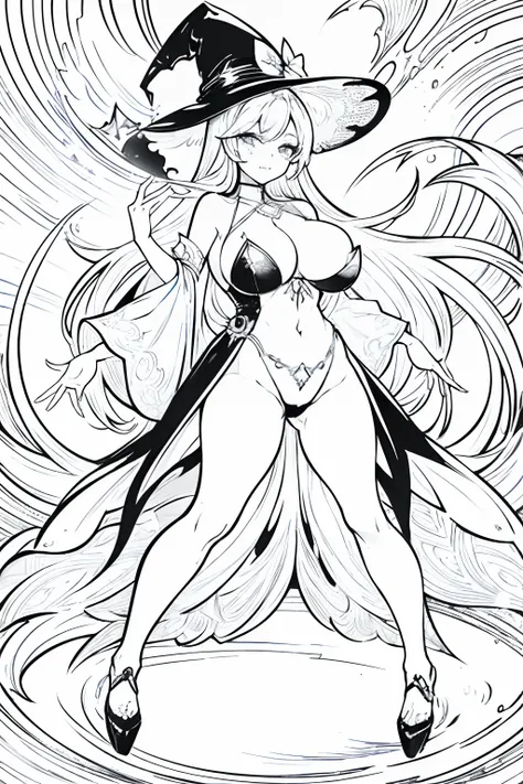 Create an adult coloring page featuring a sexy witch, high detail art, dynamic pose, witches hat, full body, big breasts, sexy outfit, not safe for work, black and white only, line art, coloring page