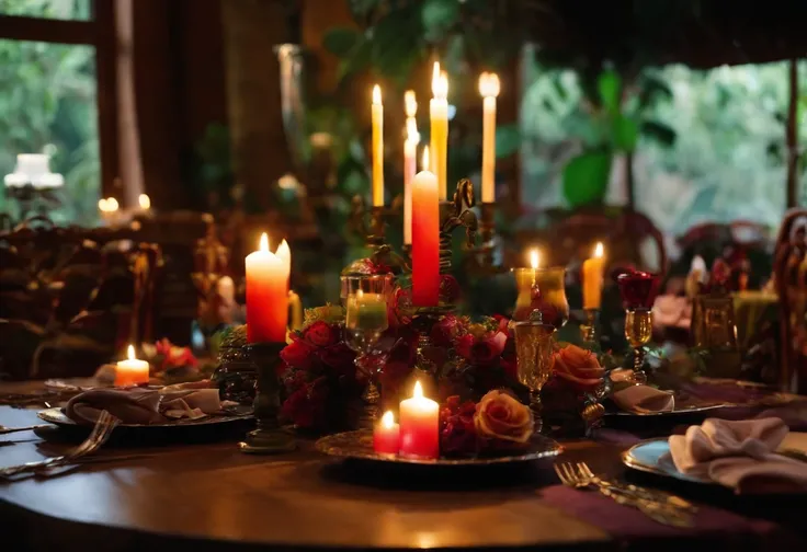 mesa com santos, enfeitada com serpentinas, na mesa tem velas acesas , tudo isso sobre uma toalha branca de renda