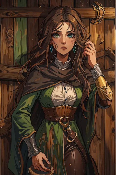 Uma bela mulher com olhos verdes e cabelos castanhos com roupas de cozinheira expressiva um olhar triste. A background with a dramatic wooden wall An art for an RPG A medieval art for an RPG