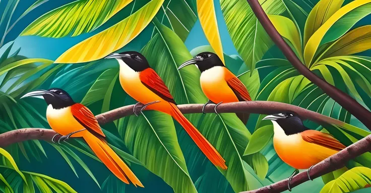 Oil painting poster of tropical birds on the trees