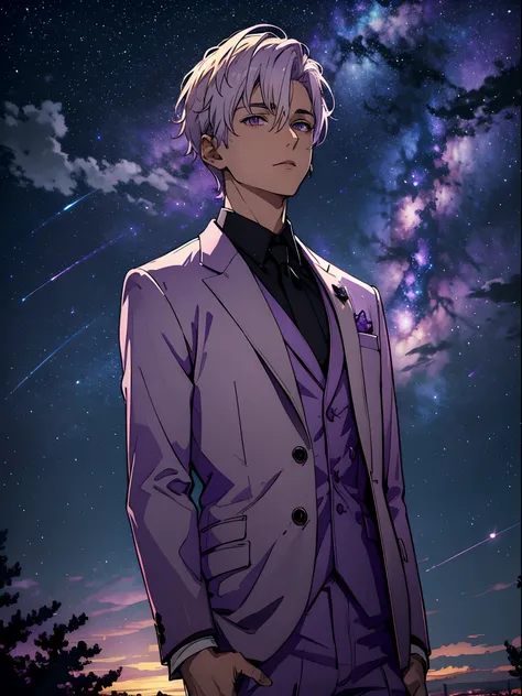 adult guy blonde, Purple sky, higly detailed, Purple clouds, white colored hair, Purple sky, purple color, Jacket and formal wear, the stars, stars in thr sky