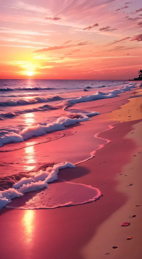 Beach close-up，Sunsets and bodies of water, stunning skies, which shows a beach at sunset, stunning skies, redpink sunset, Colorful sunset, Pink sunset, colorfull sky, colorfull sky, pink skies, breathtaking colors, the colours of the sunset, vibrant sky, ...