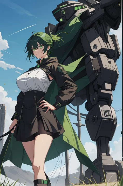 leges，mechanical leg，Black mechanical legs，Plump legs，Green gem setting，Anime girl standing gracefully on the ground，Black cape and green hair, rogue anime girl, Anime girl standing, Wearing a cloak on the blasted plain, asuka suit under clothes!, holy cyb...