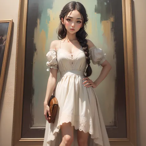 Beautiful girl in a white dress, standing half-turned, long braid, oil painting, painting --auto --s2