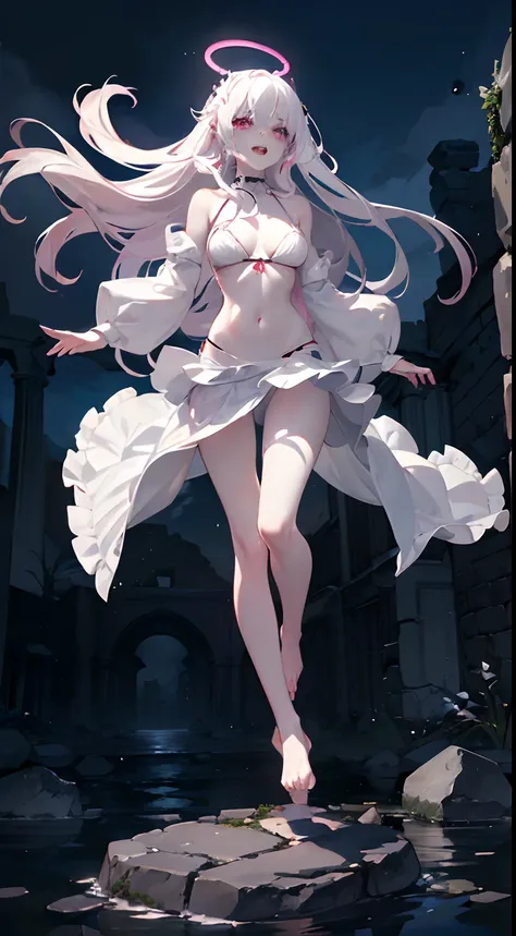 1girl,solo,magenta eye,colored sclera,white hair, long hair,(pale skin,extremy white skin,hair over one eye,halo pink), sharp teeth, open mouth,(medium breasts),((white bra,white bikini,hidden arms,white skirt,bare feet,villain,psycho,villain smile, psycho...