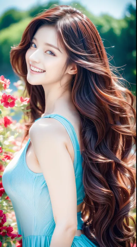 (Best quality,high resolution,Ultra-detailed:1.2), Beautiful blue to red gradient wavy curls fluttering in the breeze, Close-up of a woman jumping high, Vibrant flowers fill the background in a park-like setting, Cinematic style shooting.