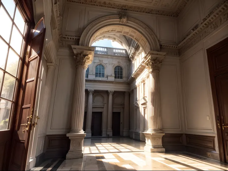 Seneca, Roman villa of the 1st century, Tenir un parchemin, Stoic expression, Portrait historique, Art romain, natural lighting, Couleurs terreuses, coups de pinceau rugueux, Simple details, Colonnes de marbre, Warm sunlight, meubles en bois, Serene atmosp...