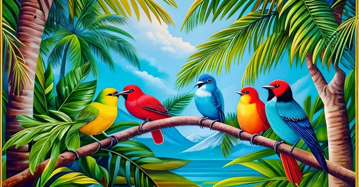 Oil painting poster of many tropical birds on the trees, different birds, coloring birds.