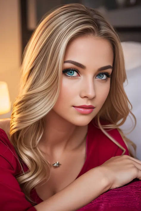 A young and beautiful woman, coiffed blonde hair，Gently drop to your shoulders in waves, Medium Tall, Big green eyes, with fair skin, She was in her pajamas, She was in bed, Do hair care before bedtime, The environment is illuminated by warm and pleasant l...