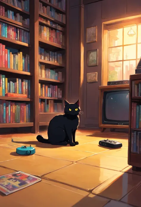 A black cat with yellow eyes on the floor watching a tube television on a bookshelf that is connected to a video game.