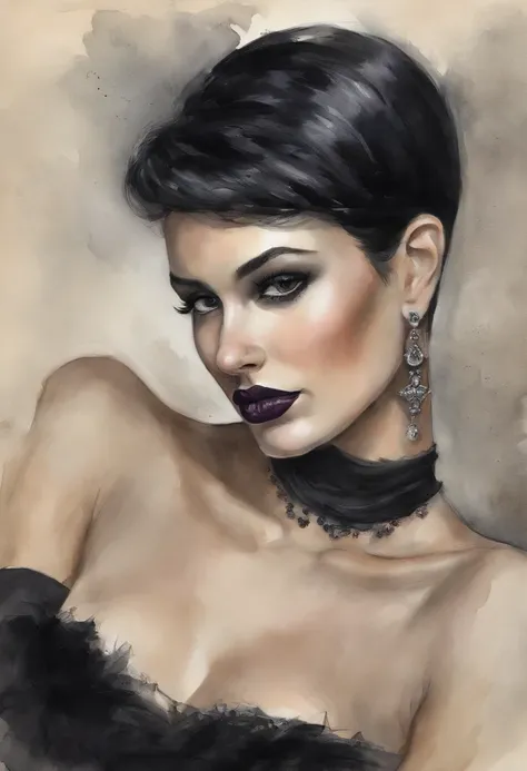 A portrait of a seductive goth girl with short black hair, A small bust, and a curvaceous figure posing with his finger pressed gently against his lips as he looks down. Se sienta en el suelo, Sus piernas parcialmente cruzadas usando un short, Black pleate...