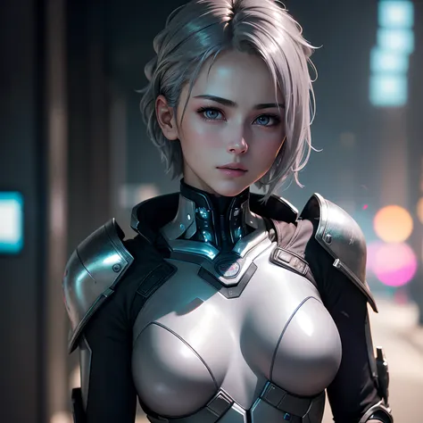 (8K, Photorealistic, Raw photo, of the highest quality: 1.3), (1girl in), Super beautiful, (Realistic face), (boyish, Silver Color Berry Shorthair), Beautiful cyberpunk suit, Glare that captivates the viewer, Beautiful expression, Beautiful breasts, (Reali...