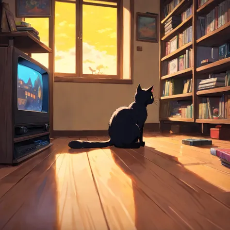 A black cat with yellow eyes on the floor watching a tube television on a bookshelf that is connected to a video game.