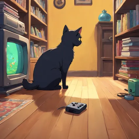 A black cat with yellow eyes on the floor watching a tube television on a bookshelf that is connected to a video game.