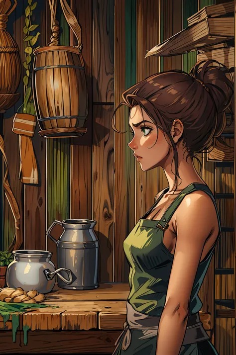 Uma bela mulher com olhos verdes e ((cabelos castanhos soltos)) com ((roupas de chefe de cozinha)) expressiva um olhar triste. A background with a dramatic wooden wall An art for an RPG (cabelo marrom)