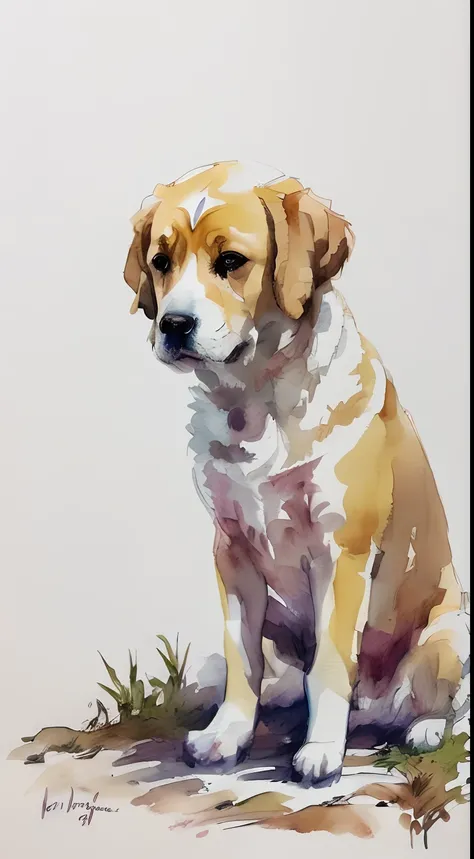 More details, wet picture effect, watercolor texture, brush strokes, watercolor painting, Tyndall effect, watercolor painting, Cute golden dog sitting on grass and looking at the camera.