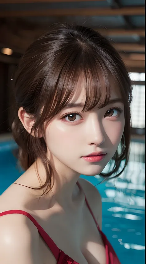 masutepiece, Best Quality, Illustration, Ultra-detailed, finely detail, hight resolution, 8K Wallpaper, Perfect dynamic composition, Beautiful detailed eyes , Pool, Sexy face