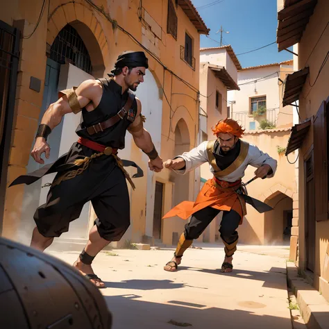 Battle scene between two Muslim generals in a 35-year-old Moroccan city with orange hair and other black hair