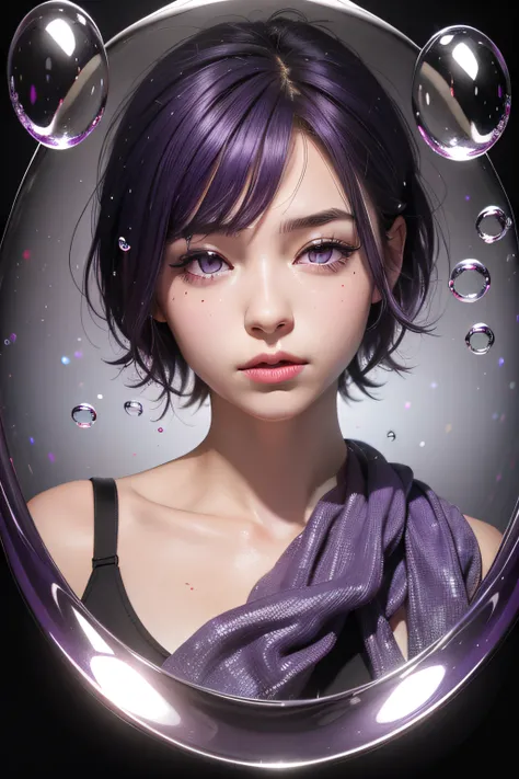 solo, 1girl, purple eyes, purple hair, bubble, looking at viewer, portrait, half-closed eyes, short hair, closed mouth,shiny bubbles,bubbles, colour shining in bubble, reflective bubbles,bubbles ,bubbles all around, turning into bubble