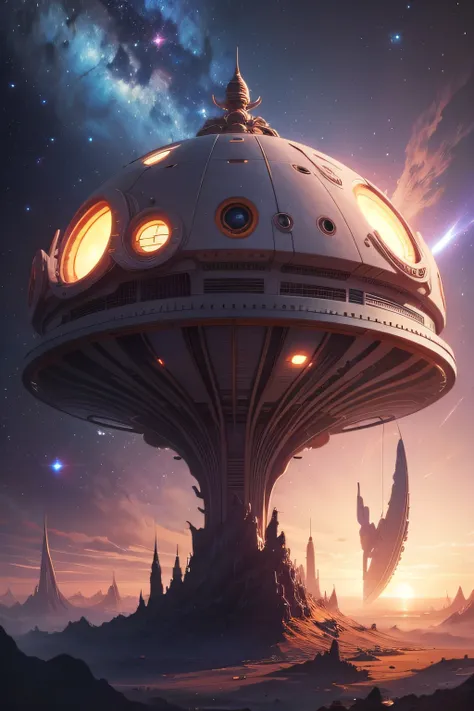 a magnificent alien mother ship, very detailed and very futuristic, in manga style. There is a sunrise and at the same time we see the galaxy and the stars as well as a shooting star